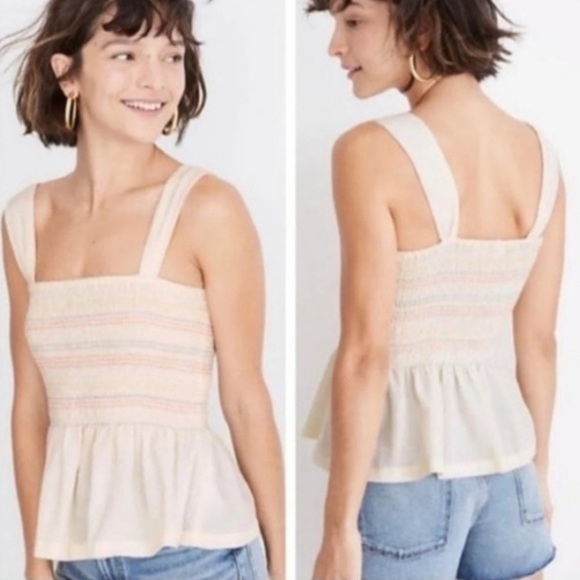 Madewell Rainbow Striped Smocked Peplum Top - Size M - Picture 1 of 6
